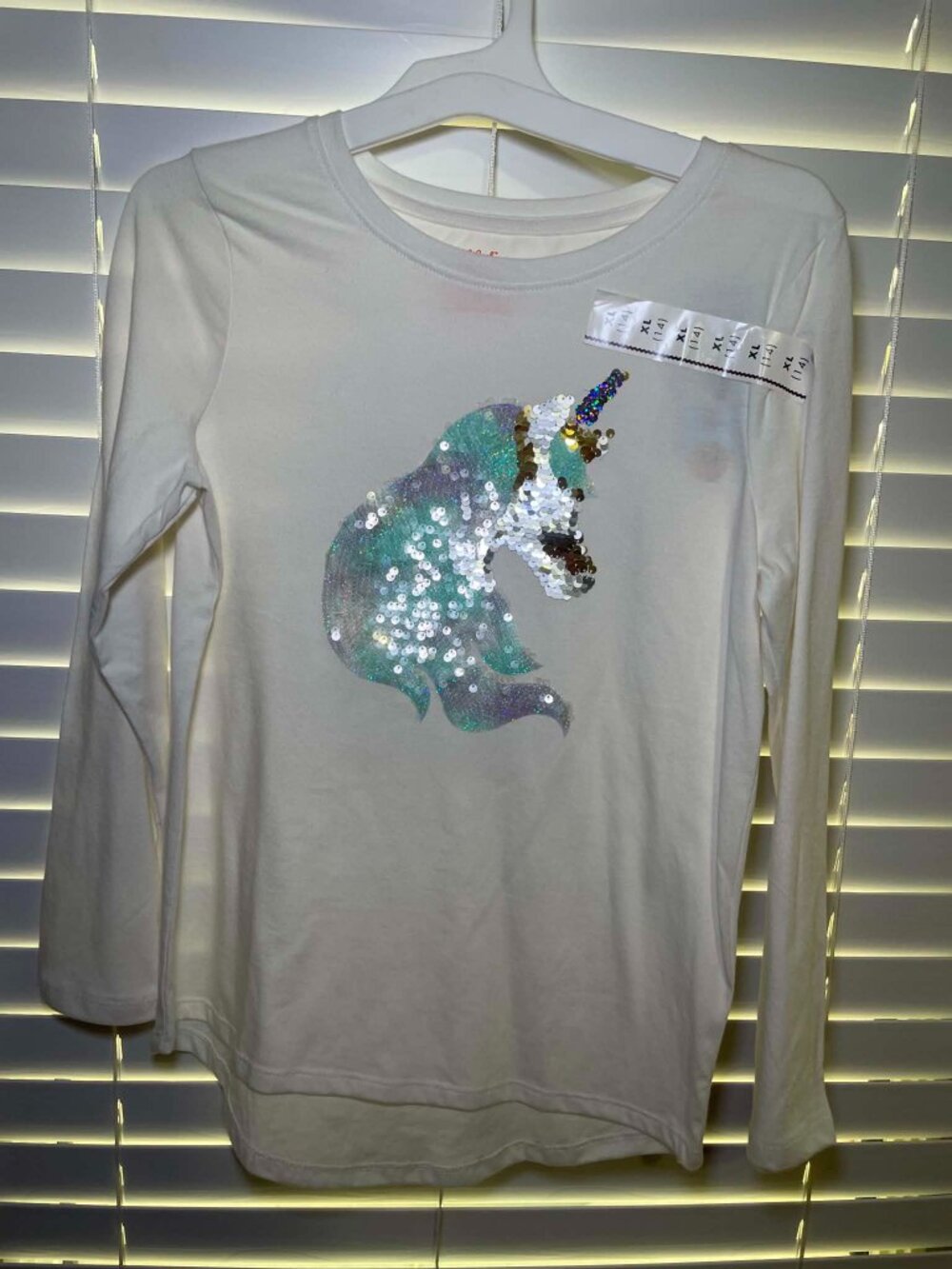 Brand New Cat & Jack Girls' Sequin Unicorn Long Sleeve Shirt, Cream, XL 14.